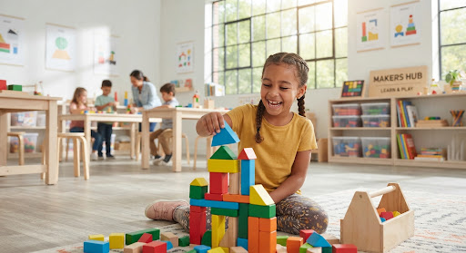 Child building blocks in creative workshop